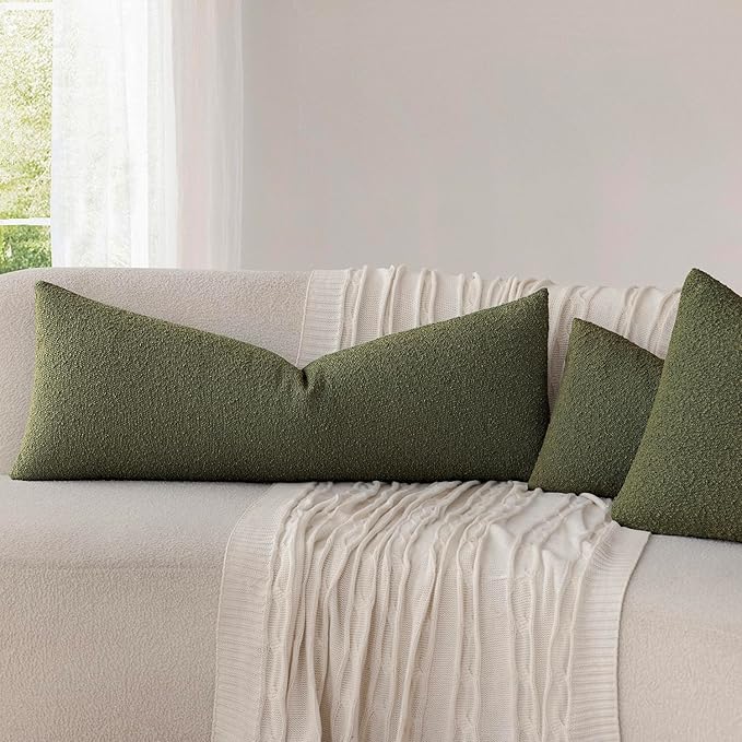 Foindtower Decorative Textured Boucle Throw Pillow Covers Accent Solid Pillow Cases Neutral Long Body Lumbar Couch Cushion Case for Chair Sofa Bedroom Living Room Home Decor 14x36 Inch,1PC,Moss Green