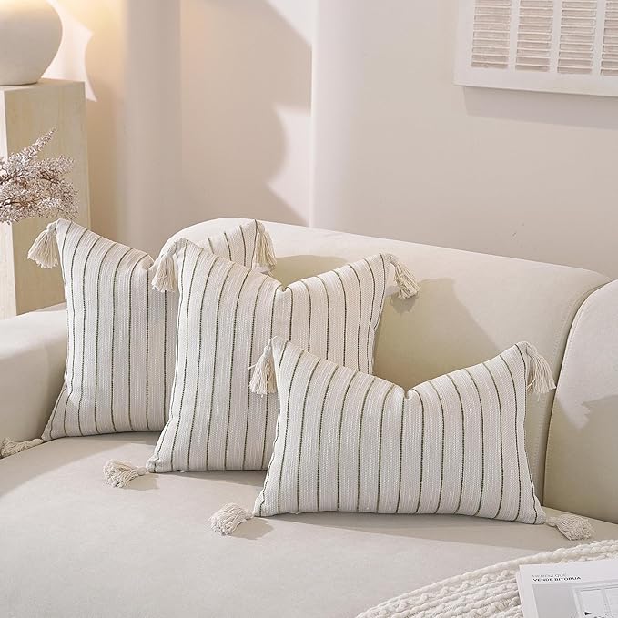 QDTTSRY Boho Throw Pillow Covers 20x20 Inch Set of 2, Textured Linen Striped Square Pillow Covers with Tassels, Soft & Cozy Farmhouse Décor Pillow Cases for Sofa Couch Bed Living Room, Green