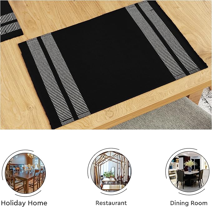 Encasa XO Table Runner and Placemats Set 6 | Fine Ribbed Cotton | Ladder Black | 1 Table Runner Size 13"x72" & Each Table Mat Size 19x13 Inch