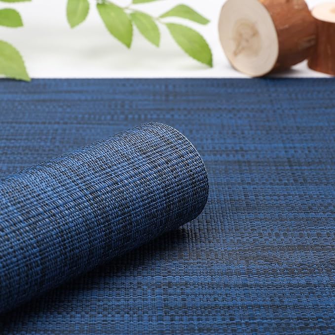 Myir JUN Placemats Set of 8, Vinyl Woven Placemats Place Mats Indoor Set of 8 Washable Table Mats Non-Slip Place mats for Dining Table (Dark Blue, Set of 8)