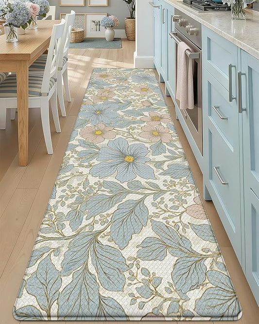 DEXI Kitchen Mats for Floor, 23x86, Cushioned Standing Mat Anti Fatigue, Wide Waterproof Comfort Floral Padded for Laundry Room Office, Blue