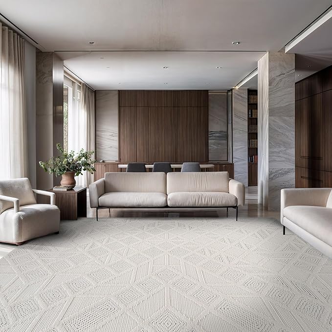 Luul Home Modern Micro Loop Indoor Area Rugs for Living Room Bedroom Kitchen Geometric Square White 5x7 Luxury Durable Low and High Pile Non-Shedding Stain Resistant Soft Area Carpet 5 x 7