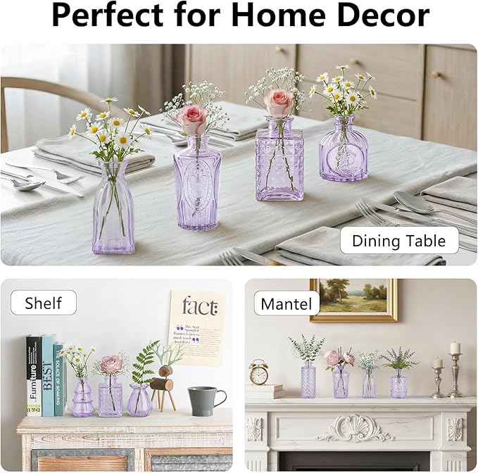 RUCKAE 12 Pack Glass Bud Vases Mini Flower Vase Small Vintage Vases for Centerpiece Table Wedding Decorations Home Decor Party (Purple)