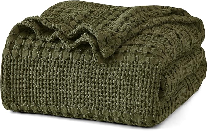 PHF 100% Cotton Waffle Weave Blanket King Size for Bed, Soft Lightweight & Breathable, All-Season Comfort, 300 GSM Luxury Aesthetic Blanket for Home Decor, 108"x90", Capulet Olive