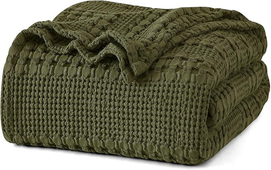 PHF 100% Cotton Waffle Weave Blanket King Size for Bed, Soft Lightweight & Breathable, All-Season Comfort, 300 GSM Luxury Aesthetic Blanket for Home Decor, 108"x90", Capulet Olive