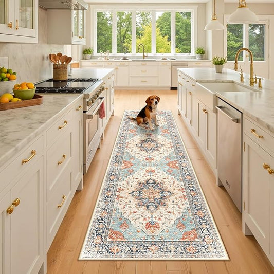 RELEANY Area Rugs 2'6''x8' Washable Non-Slip, Floral Vintage Distress Print Pattern Medallion Carpet for Living Room Bedroom Dining Room, Beige Navy Blue Orange Colorful