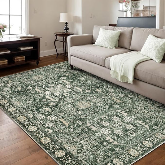 Dotiiorug Area Rug 8×10 Washable Rugs for Bedroom, Vintage Floral Rug Soft Non Slip Stain Resistant Carpet for Living Room Dinning Room Kitchen Home Office Green Black