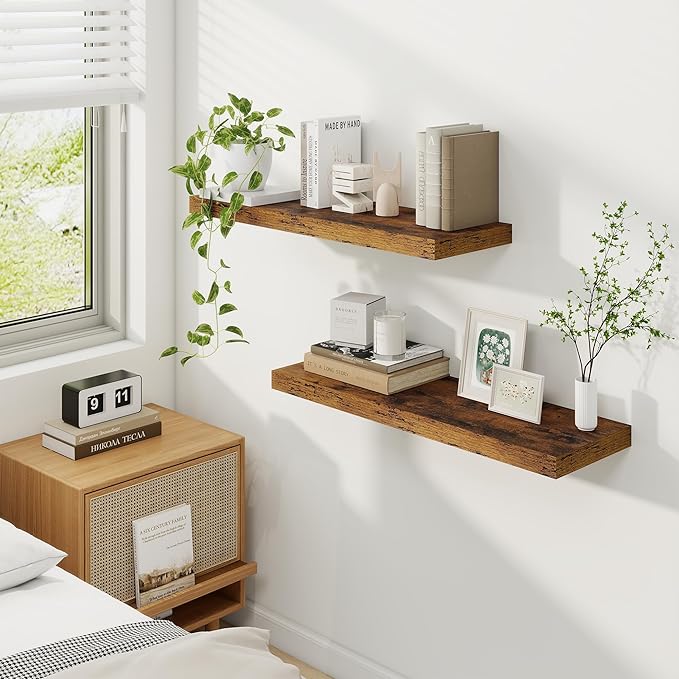 Fun Memories 9.3Inch Deep Floating Shelves for Wall, 30 Inch Rustic Wood Wall Mounted Shelves for Bathroom, Bedroom, Kitchen, Deep Floating Shelf for Storage & Home Decor (Brown, Set of 2)