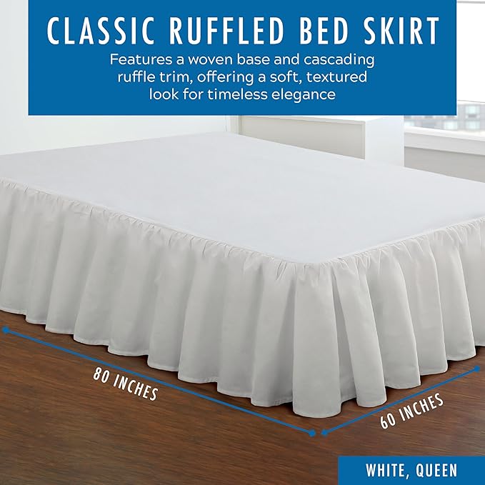 FRESH IDEAS Ideas Bedding Ruffled Bed Skirt, Classic 14” Drop Length, Gathered Styling, Queen, White FRE30114WHIT03