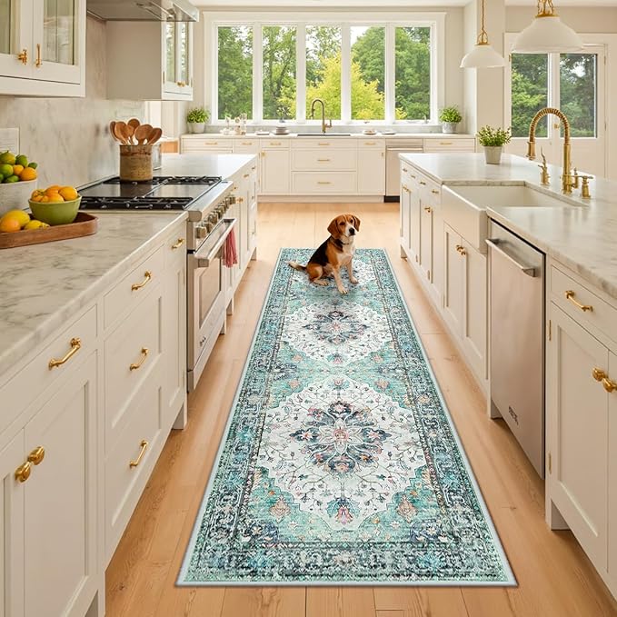 RELEANY Area Rugs 2'x8' Washable Non-Slip, Floral Vintage Distress Print Pattern Medallion Carpet for Living Room Bedroom Dining Room, Green Navy Blue White Red Teal Colorful