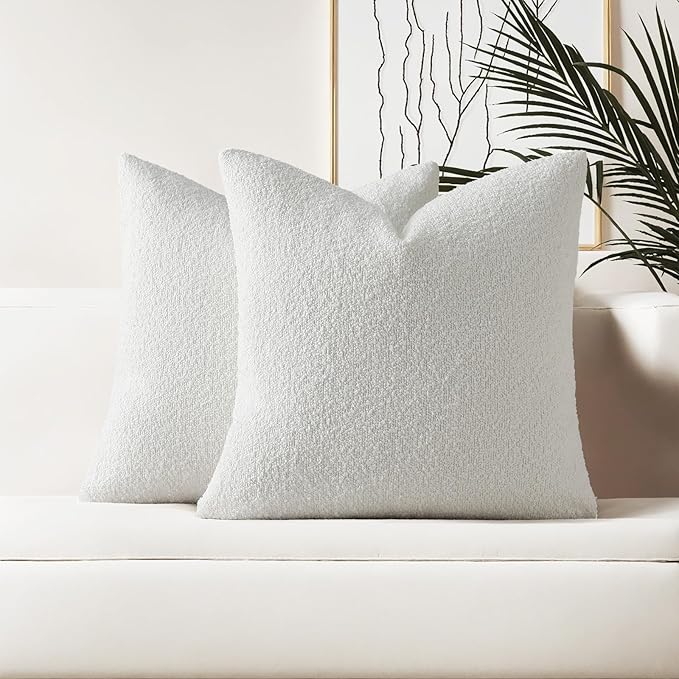 HAUSSY Christmas White Set of 2 18x18 Decorative Throw Pillow Covers, Soft Cozy Textured Boucle Couch Cases, Home Decor for Couch Bed Living Room
