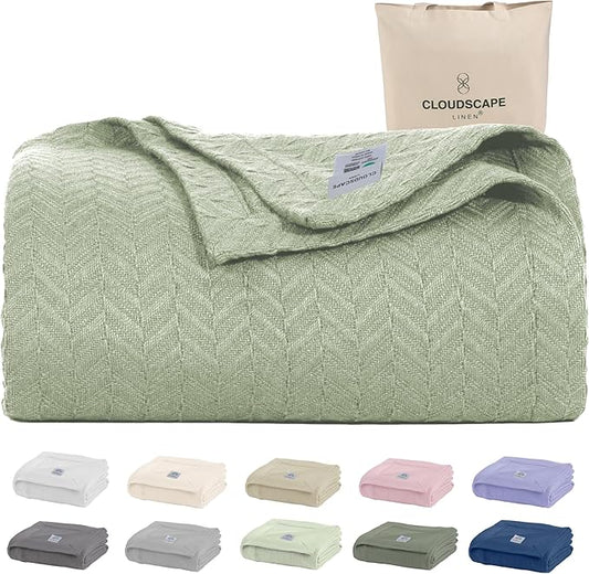 Cloud Scape Linen 100% Cotton Blanket Twin 68x92 Seafoam - Cozy Herringbone Weave, Fits Up to Twin XL Size Beds, Breathable Softness, All-Season Warmth, Winter Blanket, Bedding Gift Choice