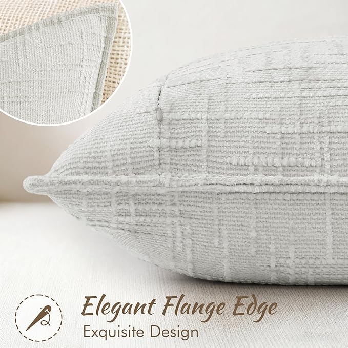 decorUhome Chenille Throw Pillow Covers 16x16 Set of 2, Thick Textured Slubby Neutral Decorative Pillow Covers with Elegant Design for Couch, Sofa, Living Room, Light Grey