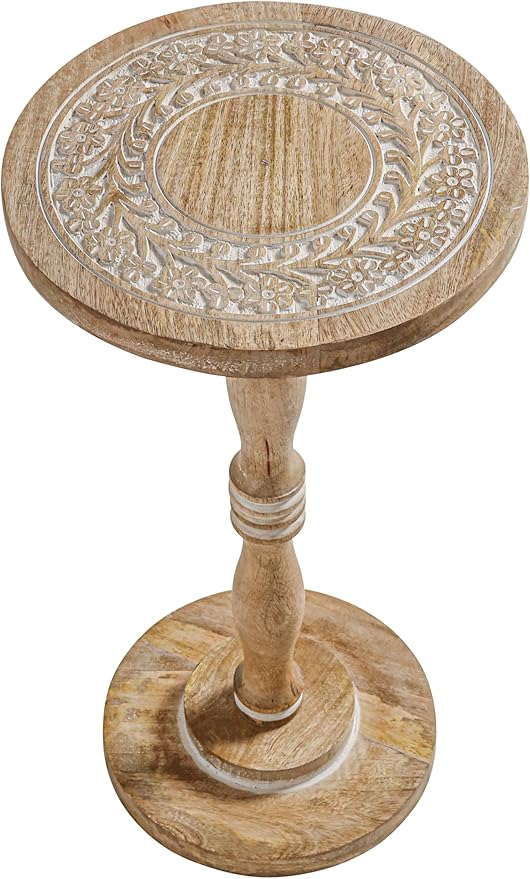 The Wooden Town Hand-Carved Solid Wood End Table - 12x22 White Wash Finish Accent Side Table for Living Room, Bedroom Nightstand, Small Pillar Table for Plants or Décor
