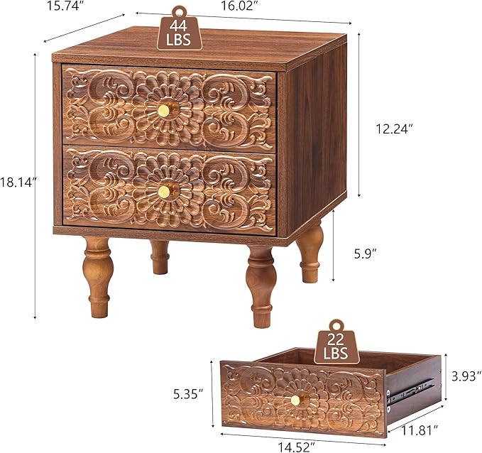 Nightstand, Farmhouse Bedside Table with 2 Drawers and Metal Handles, Wood Sofa Side Table End Table Accent Dresser for Bedroom, Living Room (Walnut) (15.75 x 16.02 x 18.15 Inch)