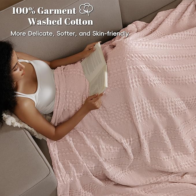 PHF 100% Cotton Waffle Weave Blanket Twin Size for Bed, Soft Lightweight & Breathable, All-Season Comfort, 300 GSM Luxury Aesthetic Blanket for Home Decor, 66"x90", Pink/Mauve