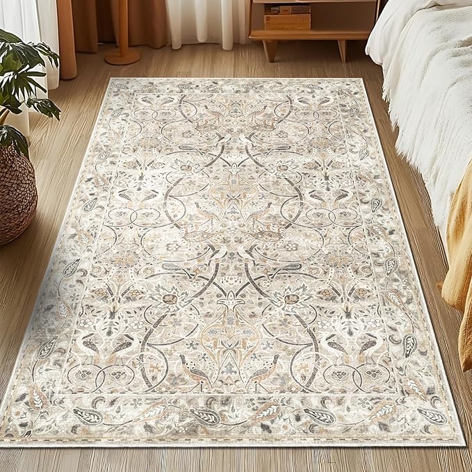 Fortsea 4x6 Beige Washable Rug, Non Slip Low Pile Vintage Floor Mat for High-Traffic Entryway & Kitchen (4x6, Beige)