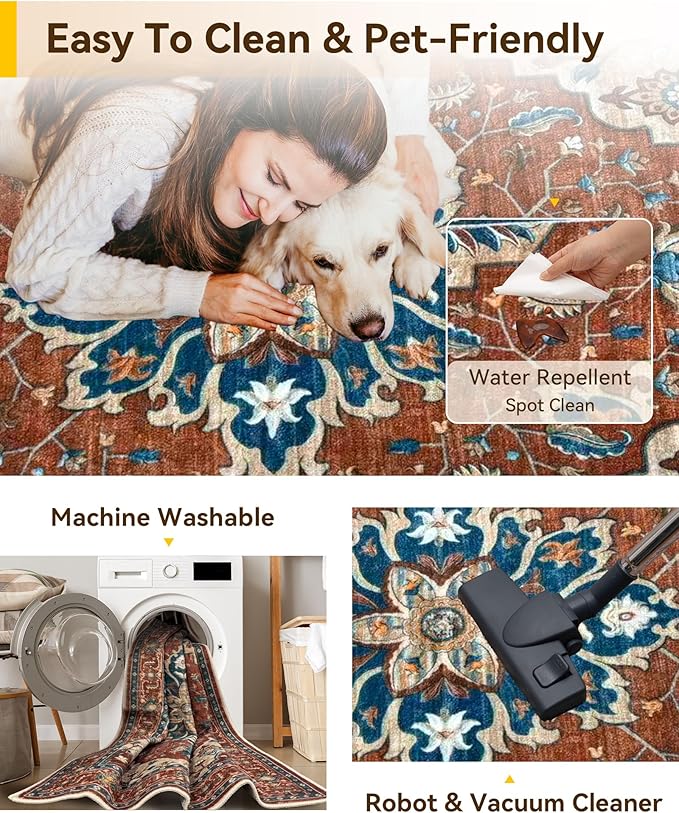 RELEANY Area Rugs 6'x9' Washable Non-Slip, Floral Vintage Distress Print Pattern Medallion Carpet for Living Room Bedroom Dining Room, Red Orange Blue Brown