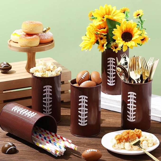 Domensi 24 Pcs Football Table Centerpiece Football Vases Decor Galvanized Metal Vases for Artificial Flowers Rugby Funny Pen Holder Utensil Holder Jars for Kitchen Home Rugby Party Decorations Gifts