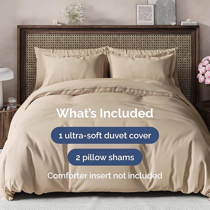 Duvet Cover Queen Size Set - Extra Soft Queen Size Duvet Cover 90 x 90 with 2 Pillow Shams - Hotel Luxury, Easy Care and Fade Free with Zipper Closures & Ties - Comfy, Breathable Bedding Set (Cream)
