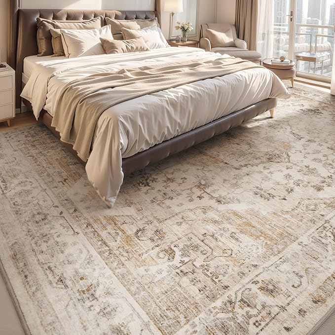 AMOAMI-6FT Round Rug-Rugs for Living Room-Vintage Soft Beige Rugs for Bedroom-Non Slip Circle Rug-Machine Washable Rug for Dining Room Living Room Bedroom Office Under Table