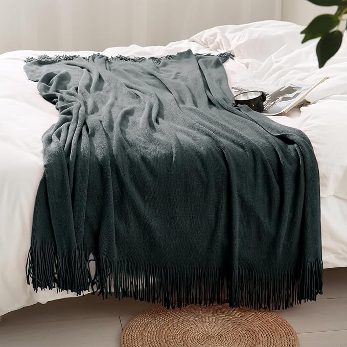 Homiest Decorative Knitted Throw Blanket With Fringe, Lightweight Acrylic Knit, Soft & Cozy Tassel for Couch Sofa Bed (Charcoal Grey, 50 x 60 Inch)