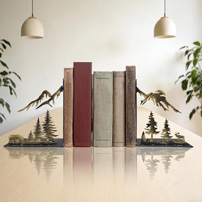 Hand-Painted Gold Mountain Bookends – Rustic Metal Forest Book Ends for Shelves, Heavy Duty Book Holders with Golden Pine Trees & Peaks, Vintage Decorative Book Stoppers for Home Office