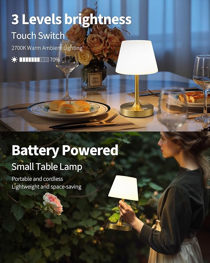 PUSU Cordless LED Gold Small Table Lamp, Waterproof Shower Light with 4000mAh Battery, Portable Rechargeable Touch Dimming Night Light for Bathroom, Outdoor Camping, Kitchen, Patio, Restaurant