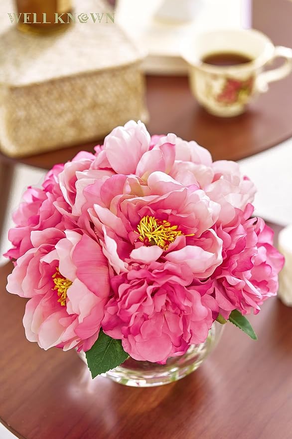 Artificial Flowers in Vase, Silk Peonies Bouquet for Vase with Faux Water, Fake Peony Pink Flower Arrangement for Home Wedding Birthday Party Dining Table Centerpiece Spring Festival Decor Mom's Gift