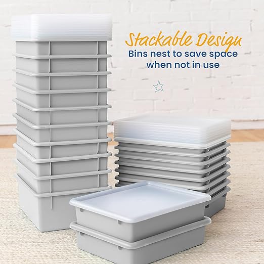 ECR4Kids Letter Size Deep Tray with Lid, Storage Bin, Light Grey, 10-Piece