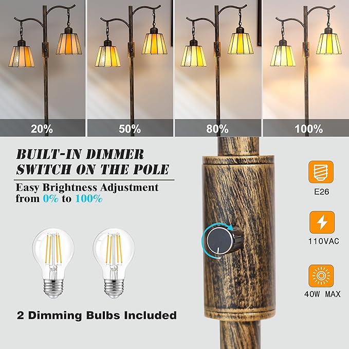 Asmymhd Vintage Dimmable Floor Lamp, Tiffany Standing Lamp with 2 Stained Glass Shades, Rustic Farmhouse Floor Lamp with Bronze Finish for Living Room Bedroom