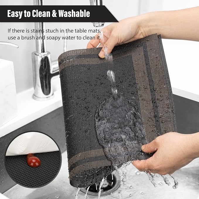 Winknowl Placemats Set of 4，Heat Resistant Woven Vinyl Washable PVC Place Mats，Non-Slip Stain Resistant Indoor/Outdoor Table Mats for Dining Table (Black Brown)