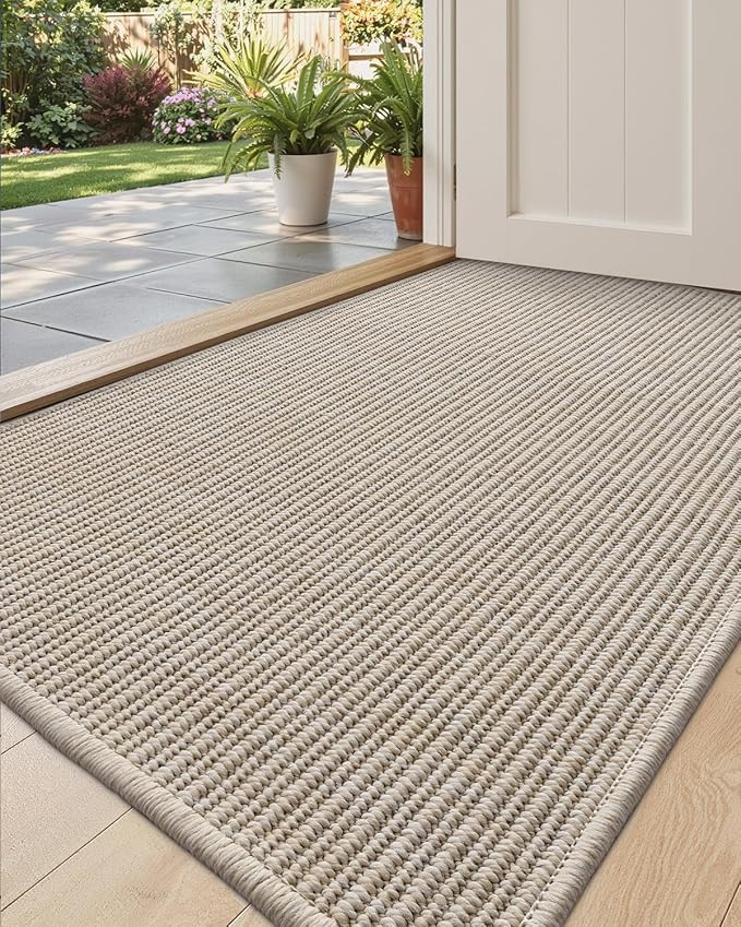 DEXI Dirt Trapper Door Mat, 20x31 Washable Doormat, Dirt Resistant and Absorbent, Easy Clean Low-Profile Floor Rugs for Entryway, Front Door, and Inside Entrance, Light Beige-Gray