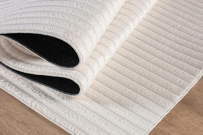 Beverly Rug Non Slip Area Rug 2 x 7 Modern Durable Ultra Soft Ribbed Indoor Rugs for Living Dining Room Office Stain Resistant Non Shedding Casual Easy Shag Indoor Carpet White 2x7
