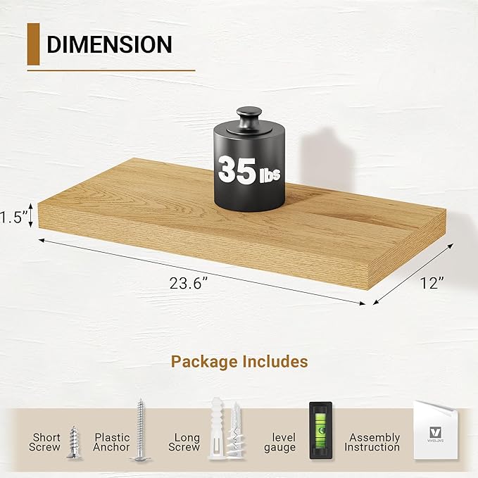 Vivelove 12 Inch Deep Floating Shelves 23.6 inch Long, Thick Wall Shelves with Invisible Brackets, for Bedroom Bathroom Living Room Kitchen Office, Rustic Farmhouse Decor, 23.6x12x1.5 Set of 2, Oak