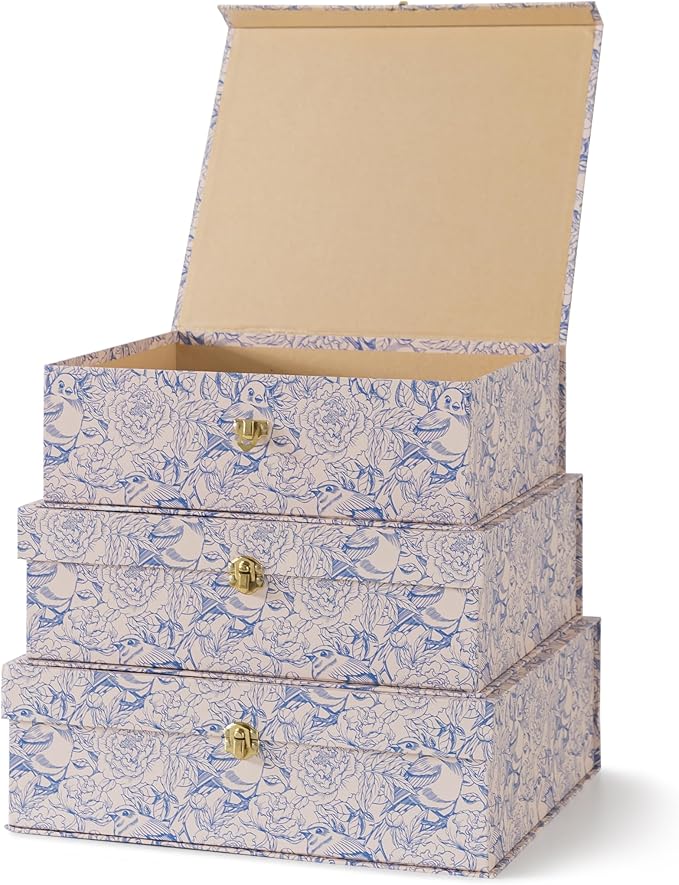 Soul & Lane Blue and White Floral Cardboard Decorative Storage Boxes with Gold Hardware - Set of 3, Aviary Garden - Stacking Boxes with Lids for Home Decor and Organizing, Elegant Design