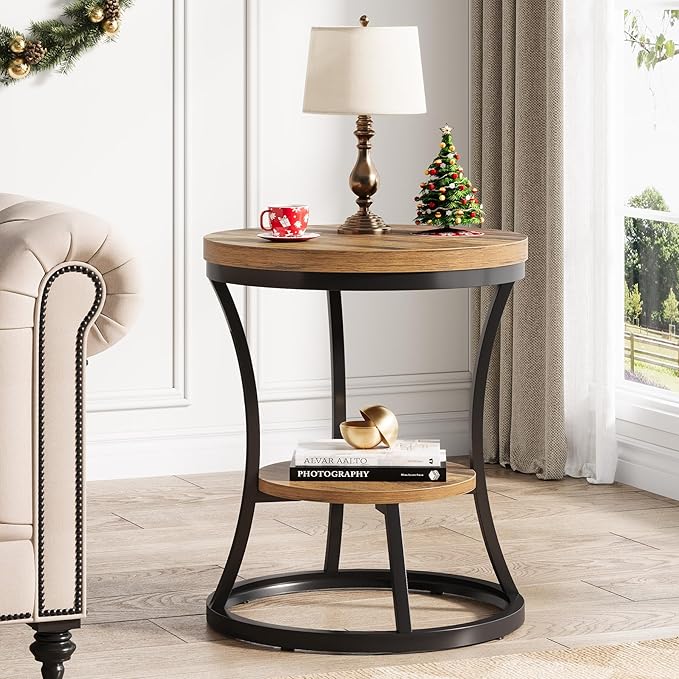 Round End Table, 2 Tier Industrial Side Table, Accent Bedside Table Nightstand with Metal Frame for Living Room, Bedroom, Small Spaces, Easy Assembly, Rustic Brown & Black