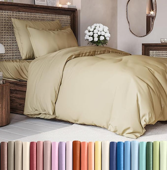 CGK Unlimited Duvet Cover Twin/Twin XL Size Set - Extra Soft Duvet Cover 68 x 90 with 1 Pillow Sham - Hotel Quality, Fade Free w/Zipper Closures & Ties - Bedding and Bed Linens Set (Beige)