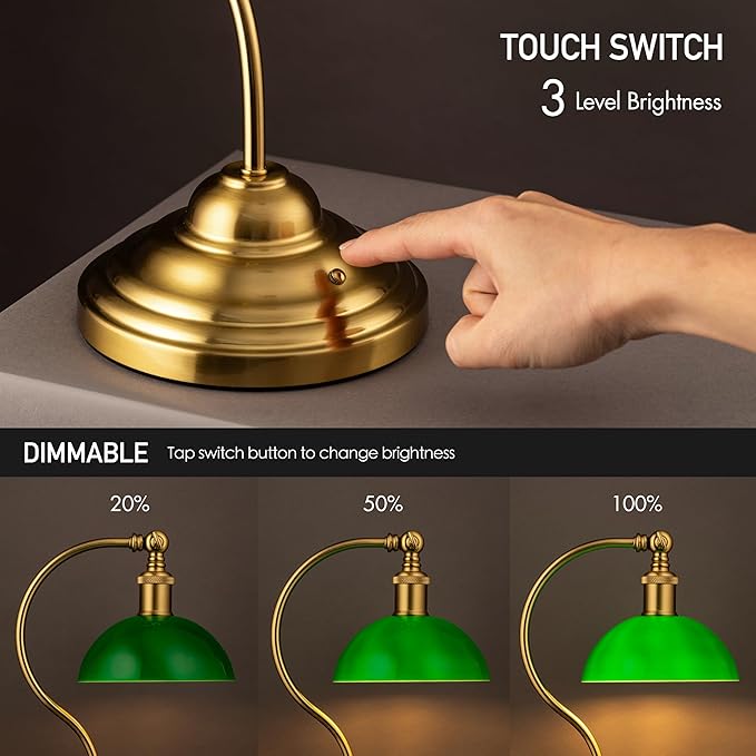 O'Bright Bankers - Cordless LED Table Lamp, Battery-Operated, Rechargeable, 3-Level Dimming, Universal USB-C Charging, 180° Swivel Head, Classic Green Glass Shade, Antique Brass