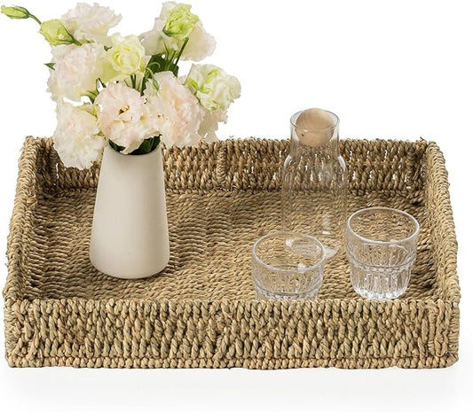 Wicker Scalloped Serving Tray with Handles - Seagrass Handwoven Trays,Water Hyacinth Tray for Home Decor and Living Room, Dining Table, Bathroom Organizing, 17.3" L x 13.4" W x 3.6" H