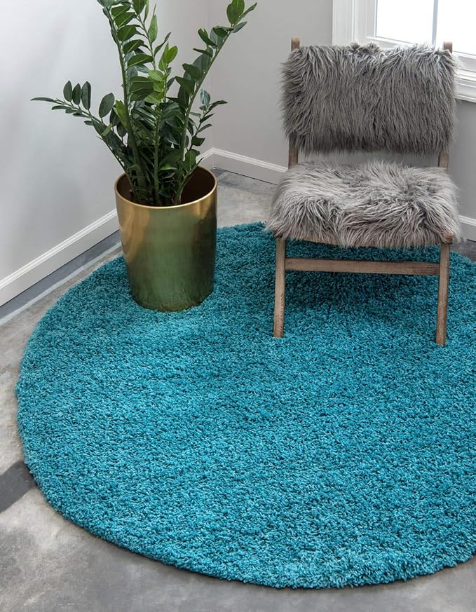 Unique Loom Solid Shag Collection Area Rug (6' 1" Round, Deep Aqua Blue)