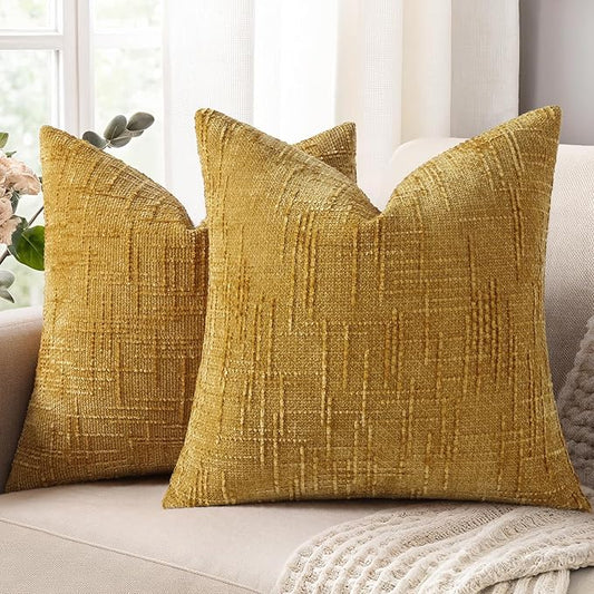 decorUhome Mustard Yellow Chenille Throw Pillow Covers 18x18 Set of 2 Textured Slubby Couch Pillow Covers Farmhouse Accent Modern Neutral Decorative Pillow Cases for Bed Sofa Living Room