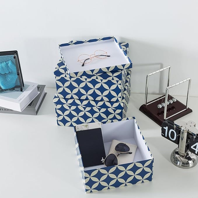 Soul & Lane Set of 3 Decorative Boxes with Lids, Square 11" x 11" Nesting Cardboard Storage for Home Décor in Blue and Cream, Keepsake and Memory Boxes for Organizing, Mosaic Navy