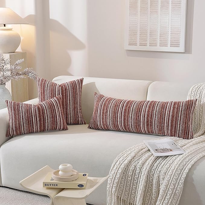 QDTTSRY Throw Pillow Covers, Chenille Luxury Red Striped Pillow Case 20x12 Set of 2, Farmhouse Decorative Cushion Cover for Home Decor Bed Sofa Living Room Chair Bedroom