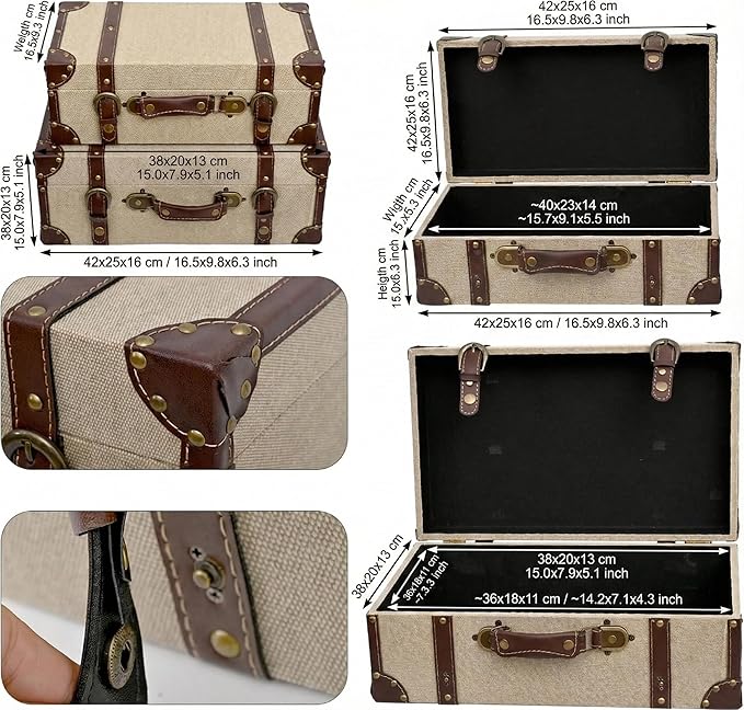 DDECOR4SEASON Set of 2 Decorative Vintage Storage Trunks, Natural Canvas Wrapped Wood Keepsake Boxes with Faux Leather Trim and Antique Accents, Stackable Nesting Chests for Home Décor
