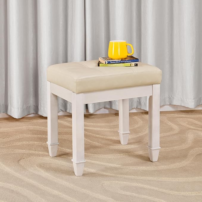 Vanity Stool Bench with Faux Leather Upholstered , Makeup Dressing Bench with Solid Wood Leg, Piano Bench Stools, Child Stool,18.5"L x 14.2"W x 18.5"H Stools, White Leg & Beige Surface FD2405PBG