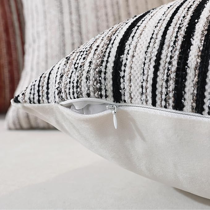 QDTTSRY Chenille Throw Decorative Pillow Covers 20x12 Set of 2, Textured Striped Boho Couch Pillow Covers, Cozy Neutral Farmhouse Cushion Cover for Couch Sofa Bedroom Living Room, Black