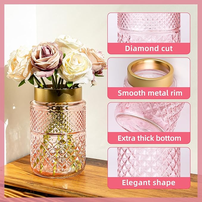 2-Pack Flower Vase Glass, 7.6 inch Pink Fluted Vase with Golden Metal Top, Stylish Decorative for Tabletop Centerpiece, Kitchen, Living Room, Bedroom, Bathroom, Office