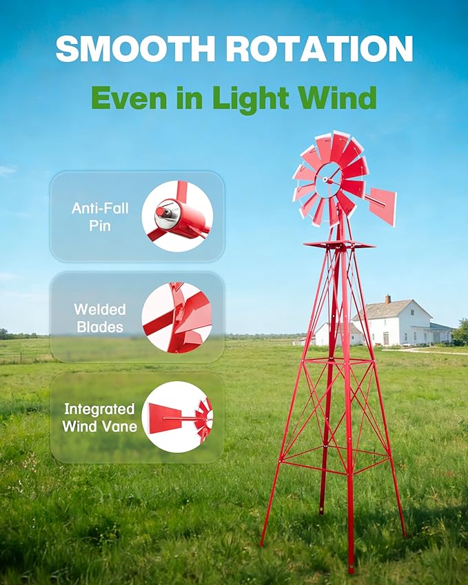8FT Windmill for Yard Garden Decoration with Weather Vanes，Heavy Duty Outdoor Wind Mills, Large Metal Outdoor Windmill,Weather Resistant,Red