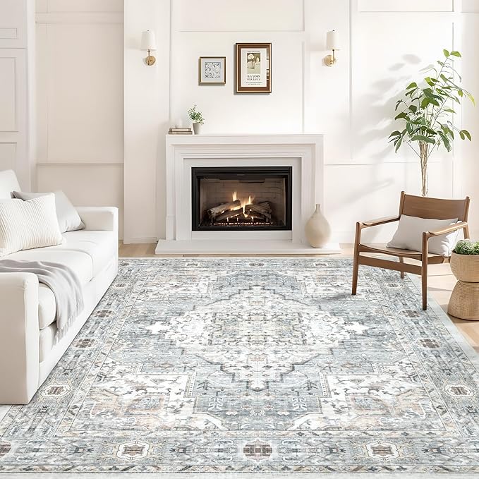 Dotiiorug Area Rug 8×10 Washable Rugs for Bedroom, Vintage Floral Rug Soft Non Slip Stain Resistant Carpet for Living Room Dinning Room Kitchen Home Office Blue Green Multi